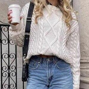 Oversized Knitted/Woven Crewneck Sweater | Cream | Medium